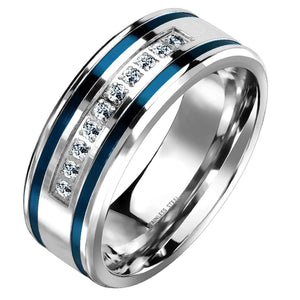 Men Blue Wedding Band 316L Stainless Steel Cubic Zirconia Modern Ring