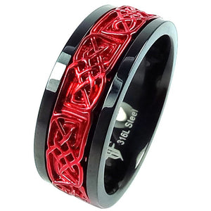 Red Viking Spinner Ring Black Stainless Steel Celtic Norse Anti Anxiety Band