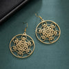 Gold Metatrons Cube Earrings Stainless Steel Sacred Geometry Dangles Green Background