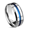 Beveled Edge Silver Stainless Steel Ring with Blue Pinstripe