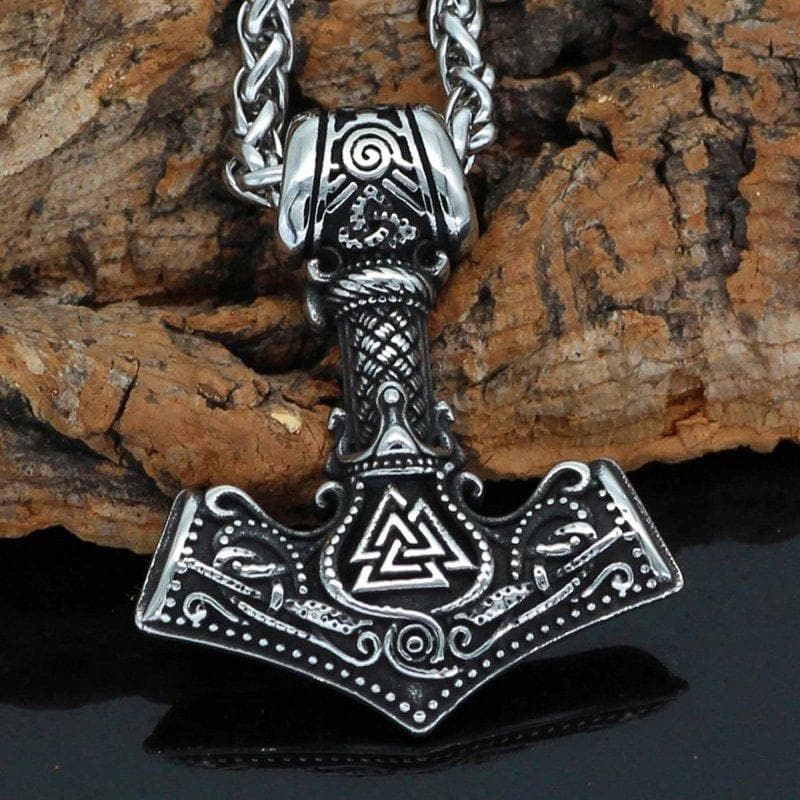 Stainless Steel Viking Mjolnir Necklace Norse Valknut Thors Hammer