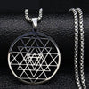 Sacred Geometry Necklace Silver Stainless Steel Sri Yantra Medallion Close View