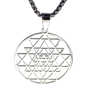 Sacred Geometry Necklace Silver Stainless Steel Sri Yantra Medallion White