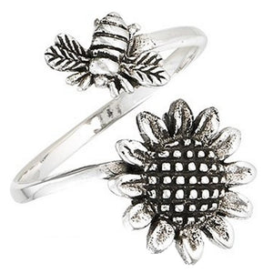 Bee Sunflower Ring 925 Sterling Silver Garden Insect Boho Band