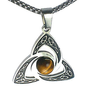 Celtic Triquetra Necklace Stainless Steel Synthetic Tigers Eye Trinity Pendant
