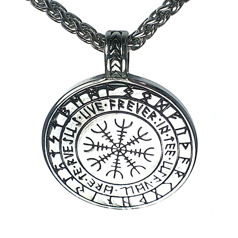 Geri Freki Viking Necklace Stainless Steel Helm of Awe Rune Wolf Norse