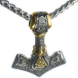 Norse Valknut Thors Hammer Necklace Gold PVD Stainless Steel Viking Pendant