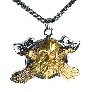 Odin Ravens Viking Necklace Gold PVD Plate Stainless Steel Norse God Pendant