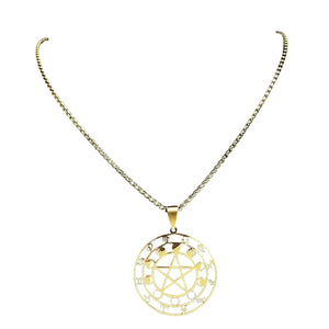 Pentacle Zodiac Necklace Gold PVD Stainless Steel Moon Phase Astrology Pendant White