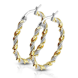 Rope Chain Hoop Earrings Two Tone Gold PVD Plate Silver Stainless Steel