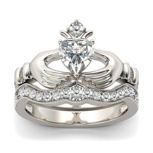 Solitaire with Accents Claddagh Ring CZ Steel Stacking Engagement Wedding Set