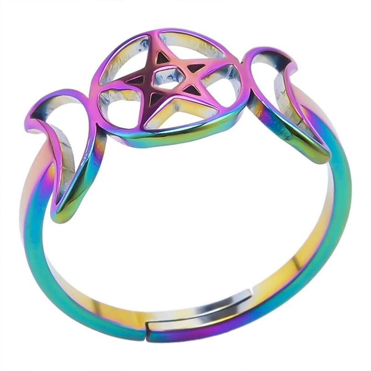 Triple Goddess Ring Rainbow 316L Stainless Steel Adjustable Moon Penta