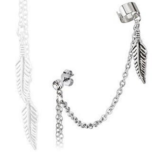 Valkyrie Ear Cuff Chain to Lobe Stud Stainless Steel Feather Cosplay Earring