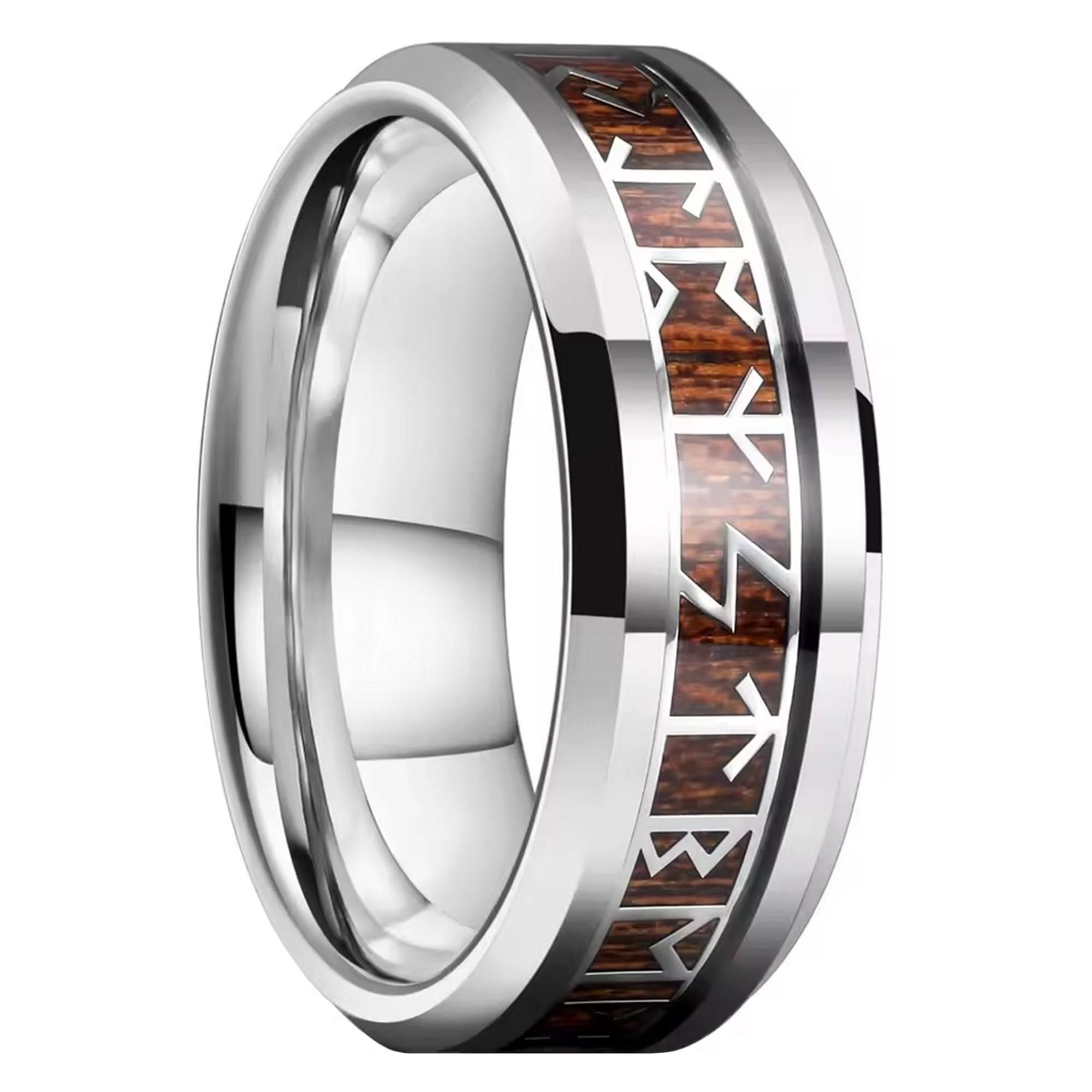 Viking Rune Wood Ring Silver Stainless Steel Druid Celtic Norse Band