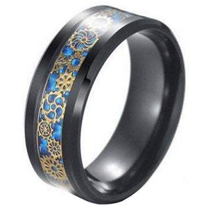 Blue Steampunk Gold Gear Ring Black Stainless Steel Wedding Band