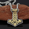 Celtic Dragon Mjölnir Necklace Gold Stainless Steel Viking Thors Hammer Pendant Wood Background