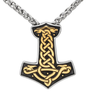 Celtic Dragon Mjölnir Necklace Gold Stainless Steel Viking Thors Hammer Pendant