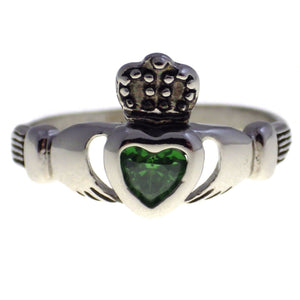 Claddagh Stainless Steel Ring w/Green Heart CZ Stone