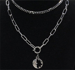 Double Chain Choker Collar Moon Necklace Stainless Steel Boho Hippie