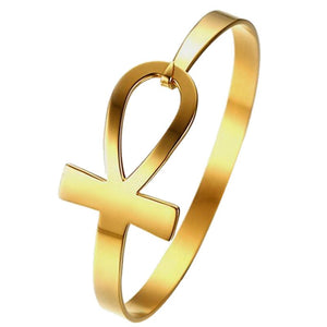 Egyptian Ankh Cuff Bracelet Gold PVD Stainless Steel Aunk Bangle