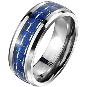 Titanium Ring for Men With Electric Blue Carbon Fiber