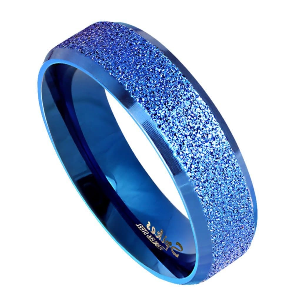 Electric Blue Stainless Steel Ring 6mm Beveled Edge Wedding Band
