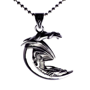 Fantasy Dragon Necklace Silver Stainless Steel Crescent Moon Draco Pendant Left