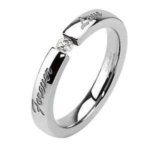 Tension Set Cubic Zirconia Solitaire Ring Engraved Forever Love