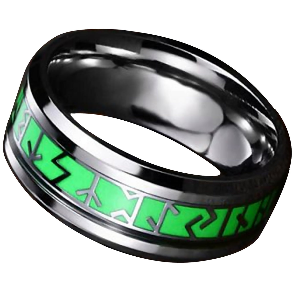 Glow in the Dark Viking Rune Ring Green Silver Stainless Steel Norse C