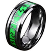 Glow in the Dark Viking Rune Ring Green Silver Stainless Steel Norse Celtic Band