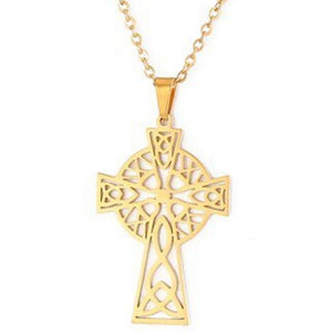 Gold Celtic Cross Necklace Stainless Steel Trinity Crucifix Amulet