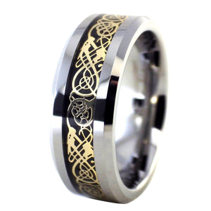 Gold Celtic Dragon Tungsten Ring | Black Carbon Fiber Wedding Band 2