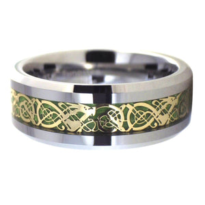 Gold Celtic Dragon Tungsten Ring  Green Carbon Fiber Inlay