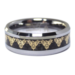 Gold Firebird Phoenix Silver Tungsten Ring with Black Carbon Fiber