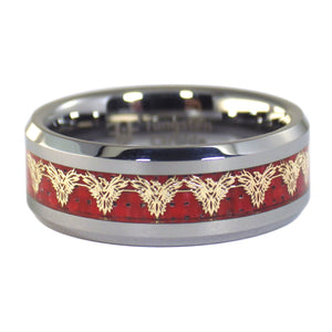Gold Firebird Phoenix Silver Tungsten Ring with Red Carbon Fiber