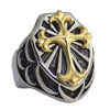 Men's Stainless Steel Shield Ring w/Gold Fleur De Lis Cross