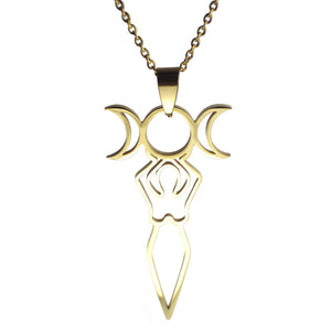 Gold Triple Goddess Necklace Stainless Steel Divine Feminine Moon Amulet White