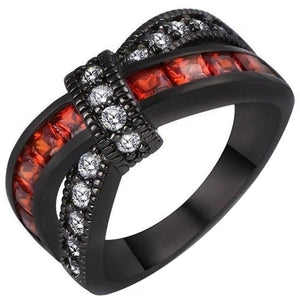 Half Eternity Ring Black Stainless Steel Red White Cubic Zirconia Wedding Band
