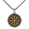 Helm of Awe Viking Necklace Gold Stainless Steel Norse Runes Vegvisir Pendant