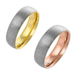 Matching Brushed Silver and Gold Domed Titanium Wedding Bands