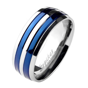Matching His and Hers Silver and Electric Blue Titanium Wedding Bands