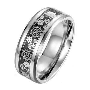 Mechanical Gear Ring Black Silver Stainless Steel Steampunk Wedding Band White