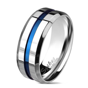 Men's Beveled Edge Silver Stainless Steel Ring w/Blue Pinstripe