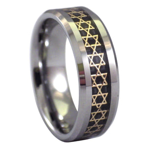 Men's Beveled Edge Tungsten Ring with Gold Star of David Inlay