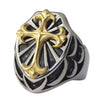 Stainless Steel Men's Cross Ring  With Shield and Gold Fleur De Lis