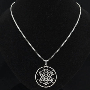 Metatrons Cube Necklace Silver Stainless Steel Sacred Geometry Pendant Far View