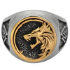 Norse Fenrir Signet Ring Gold Stainless Steel Viking Valknut Wolf Band