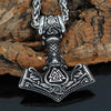 Norse Valknut Thors Hammer Necklace Stainless Steel Viking Pendant Wood Background
