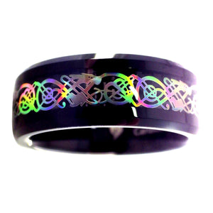 Rainbow Hologram Celtic Dragon Ring - Black Tungsten Wedding Band
