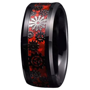 Red Black Mechanical Gear Ring Stainless Steel Steampunk Wedding Band